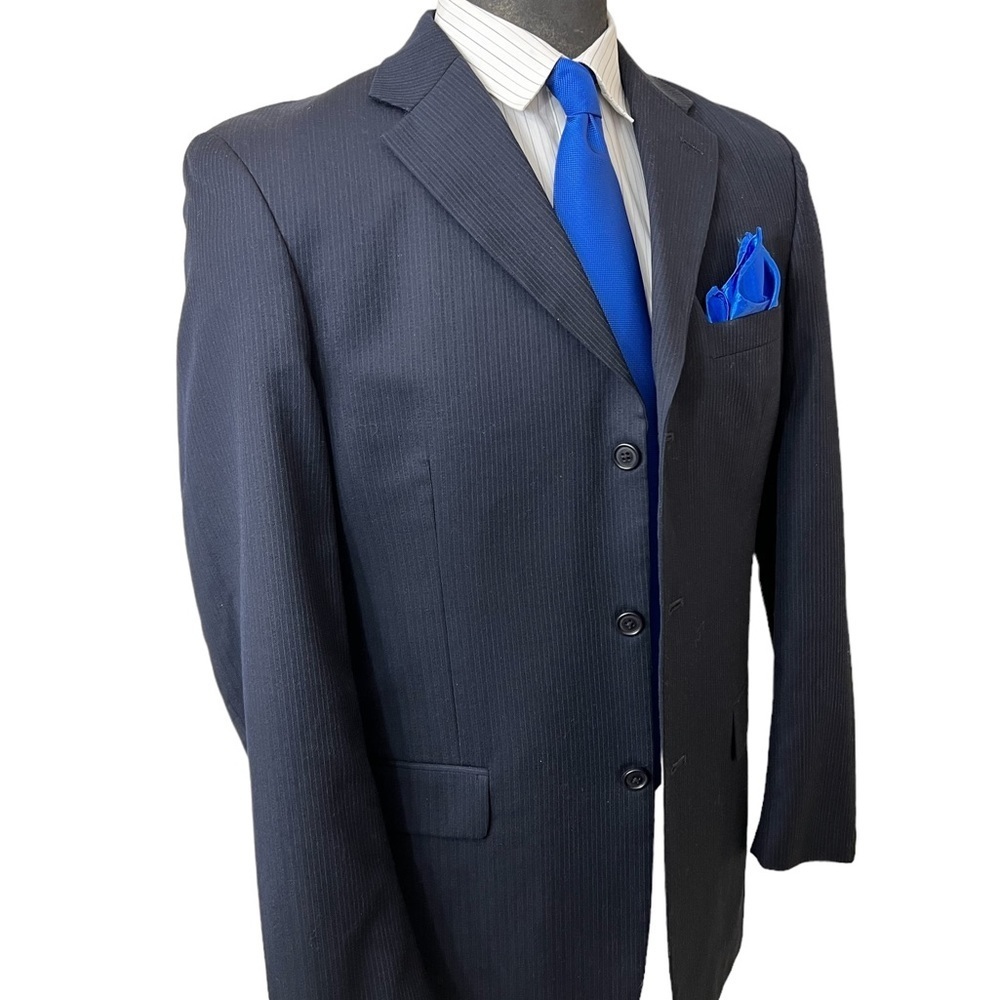 LINEA UOMO MENS DRESS BLAZER 100% WOOL SIZE 42R PINSTRIPE NAVY BLUE AM☑️ - Picture 3 of 11